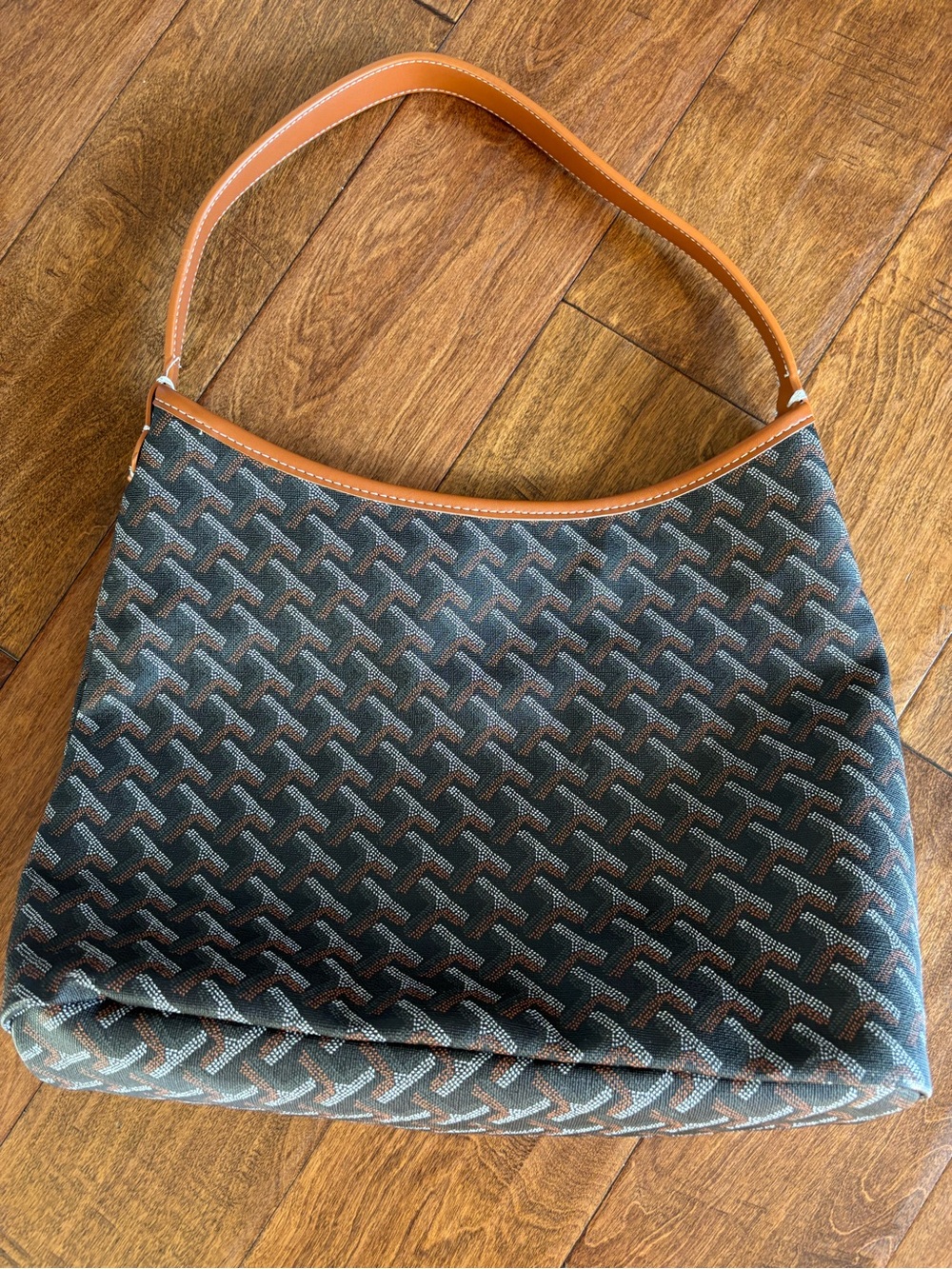 Brown Patterned Shoulder Bag with Tan Trim
